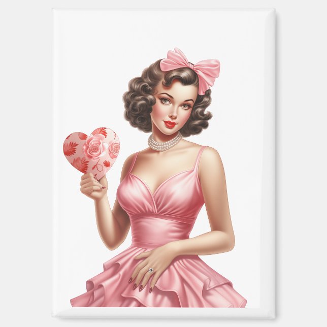 Pink Vintage Valentine Pin-Up Girl Magnet  (Vorderseite)