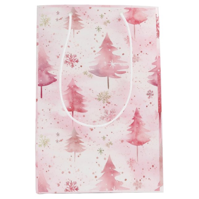Pink Vintage Weihnachten Pine Trees Mittlere Geschenktüte (Vorderseite)