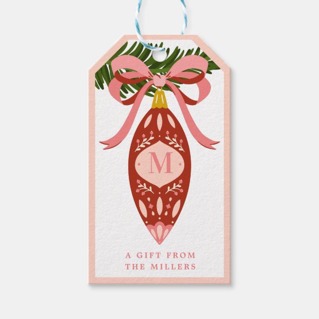Pink Vintage Weihnachts-Ornament-Monogramm-Geschen Geschenkanhänger (Vorderseite)