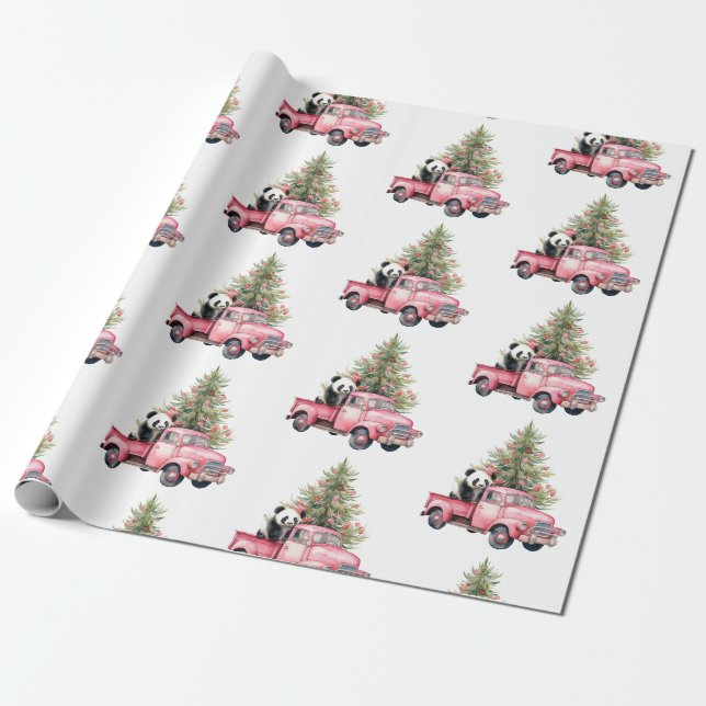 Pink-Vintager Lkw und Panda-Bär Geschenkpapier (Ungerollt)