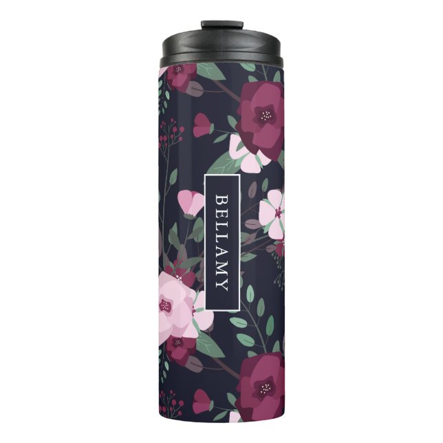 Pink & Violet Rose Blumenmuster Individuelle Name Thermosbecher (Vorderseite)