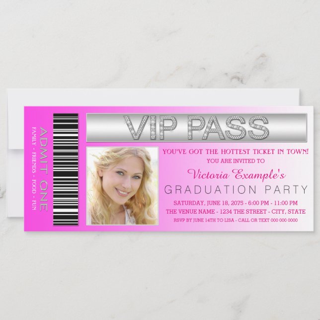 Pink VIP Pass Admission Ticket Graduation Party Einladung (Vorderseite)