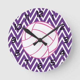 Pink Volleyball Purple Chevron Zigzag Wall Clock Runde Wanduhr