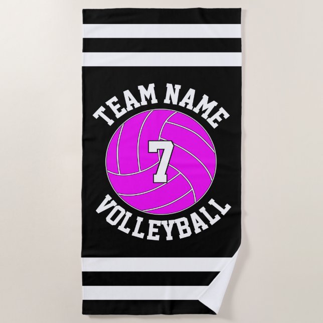 Pink Volleyball Team Name und Spielernummer Strandtuch (Vorderseite)