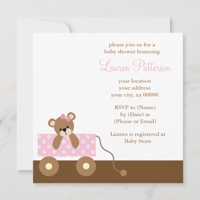Pink Wagon Bear Babydusche Einladung (Vorderseite)