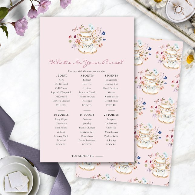 Pink, was in deinem Handspiel ist (Pink Tea Party Wedding Shower What's In Your Purse Game by Painted Paperie
)