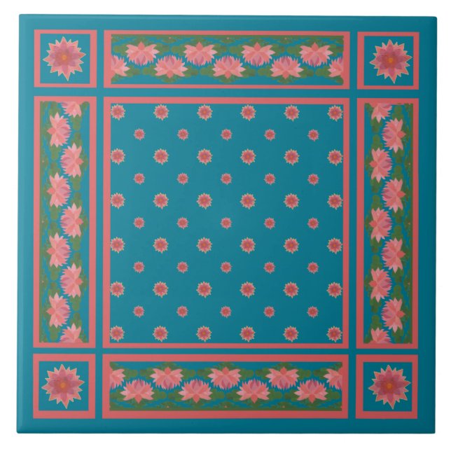 Pink Water Lilie auf Deep Blue Keramik Tile Fliese (Vorderseite)