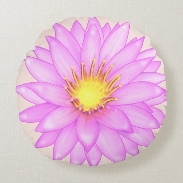 Pink Water Lilie Blume auf hellbeige Rundes Kissen (Vorderseite)
