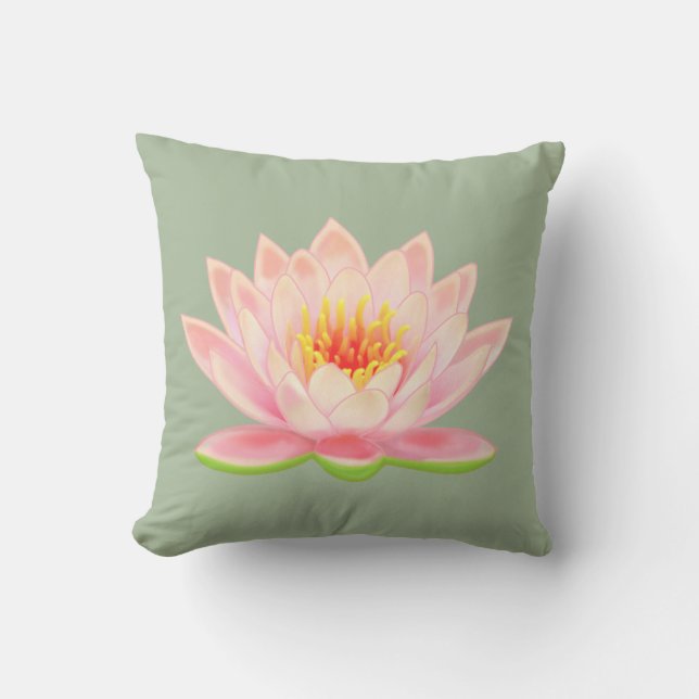Pink Water Lilie Blume auf Laurel Green Kissen (Vorderseite)