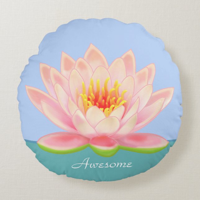 Pink Water Lilie Blume auf Light Blue Rundes Kissen (Vorderseite)