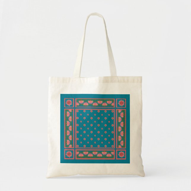 Pink Water Lilis auf Deep Blue Budget Tote Bag Tragetasche (Vorne)