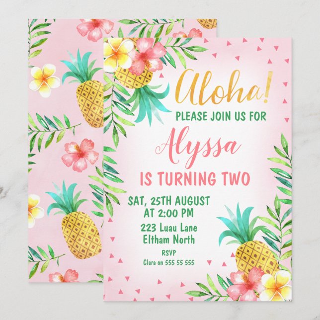 Pink Watercolor Aloha Luau Birthday Einladung (Vorne/Hinten)