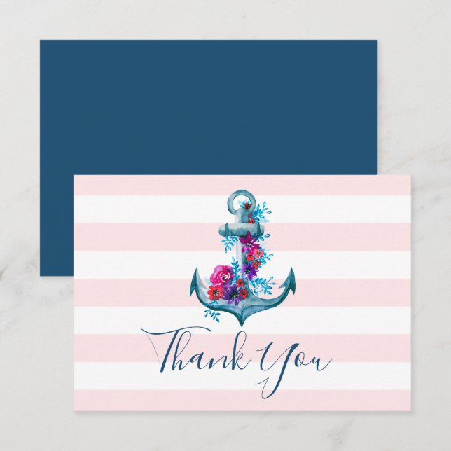 Pink Watercolor Anchor Hochzeit Danke Karte (Vorne/Hinten)