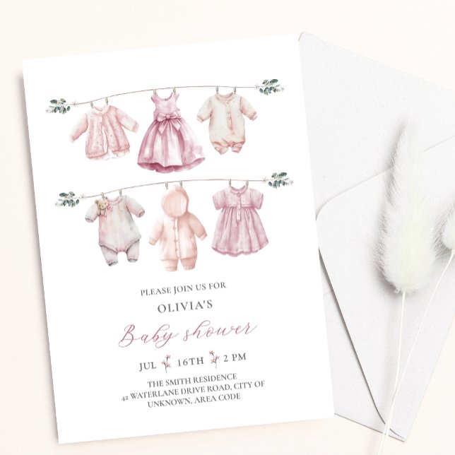 Pink Watercolor Baby Clothes Girl Babydusche Einladung (Von Creator hochgeladen)