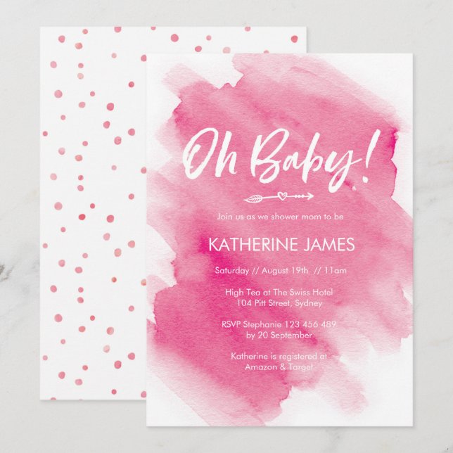 Pink Watercolor Baby Dusche Einladung (Vorne/Hinten)