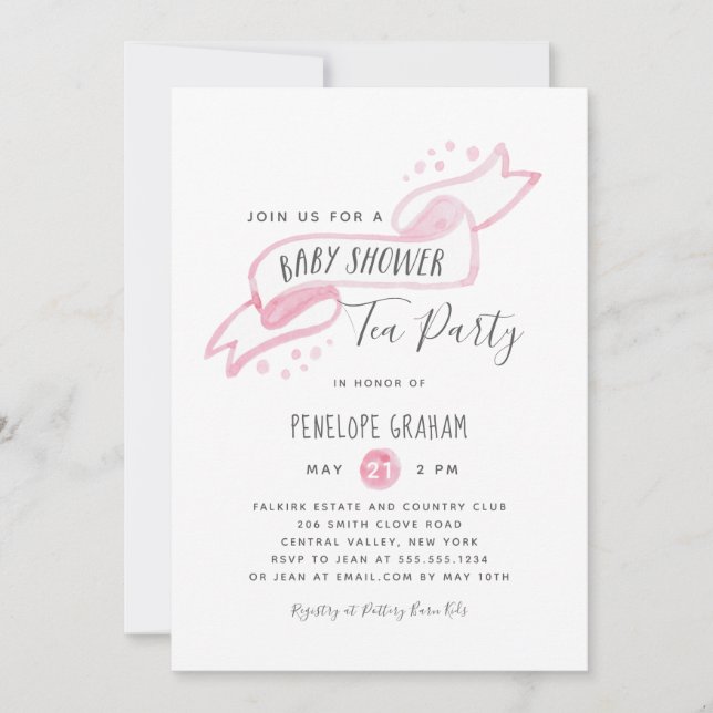 Pink Watercolor Baby Dusche Tee Party Einladung (Vorderseite)