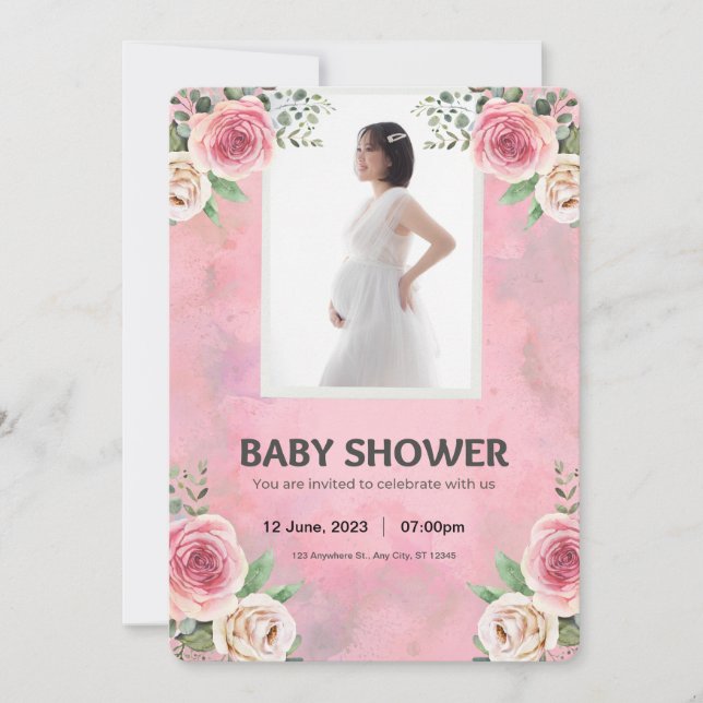Pink Watercolor Babydusche Einladung (Vorderseite)
