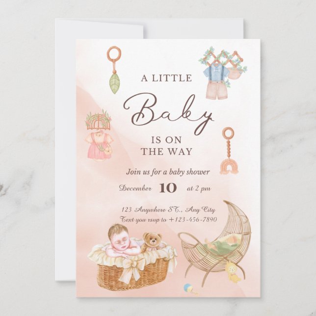 Pink Watercolor Babydusche Einladung (Vorderseite)