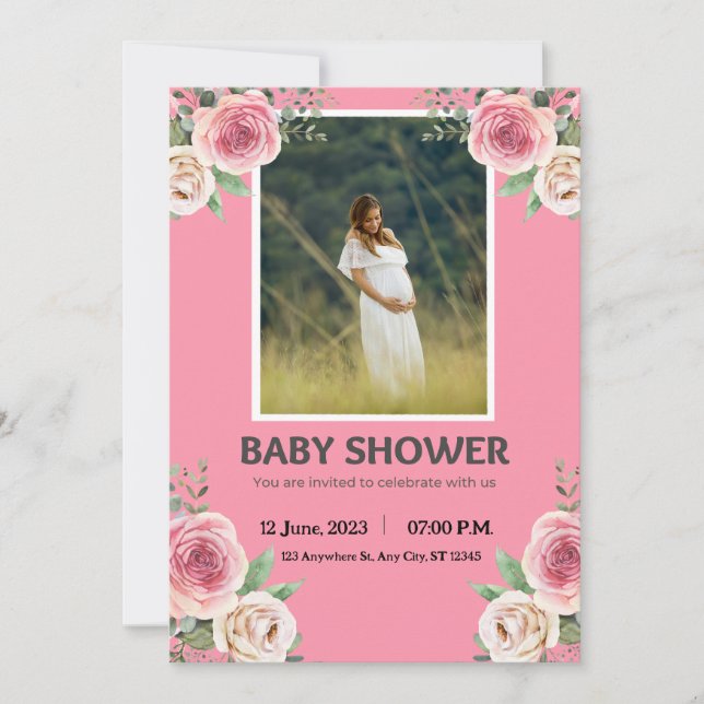 Pink Watercolor Babydusche Einladung (Vorderseite)
