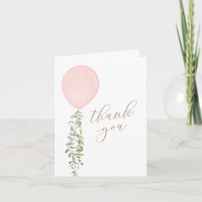 Pink Watercolor Ballon Eucalyptus Baby Dusche Dankeskarte (Vorderseite)