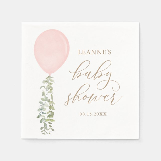 Pink Watercolor Ballon Eucalyptus Baby Dusche Serviette (Vorderseite)