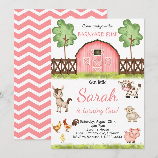 Pink Watercolor Barnyard Farm Birthday Einladung (Vorne/Hinten)