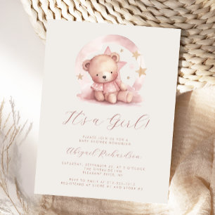 Pink Watercolor Bear Girl Babydusche Postkarte