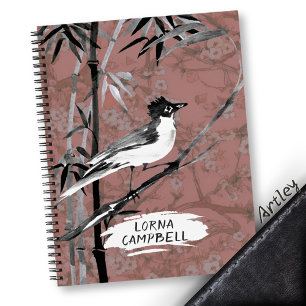 Pink Watercolor Bird Bamboo Individuelle Name Notizbuch