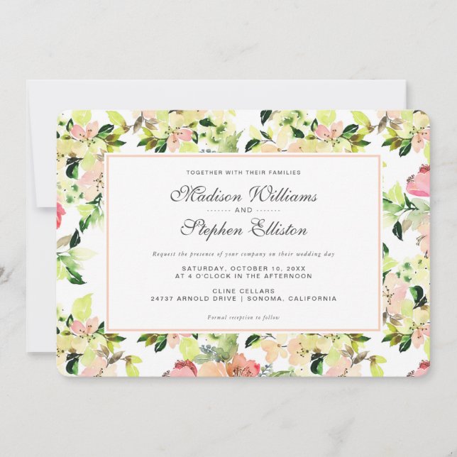 Pink Watercolor Blossom Muster - Hochzeit Einladung (Vorderseite)