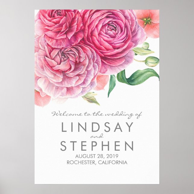Pink Watercolor Blume Chic Wedding Willkommenszeic Poster (Vorne)