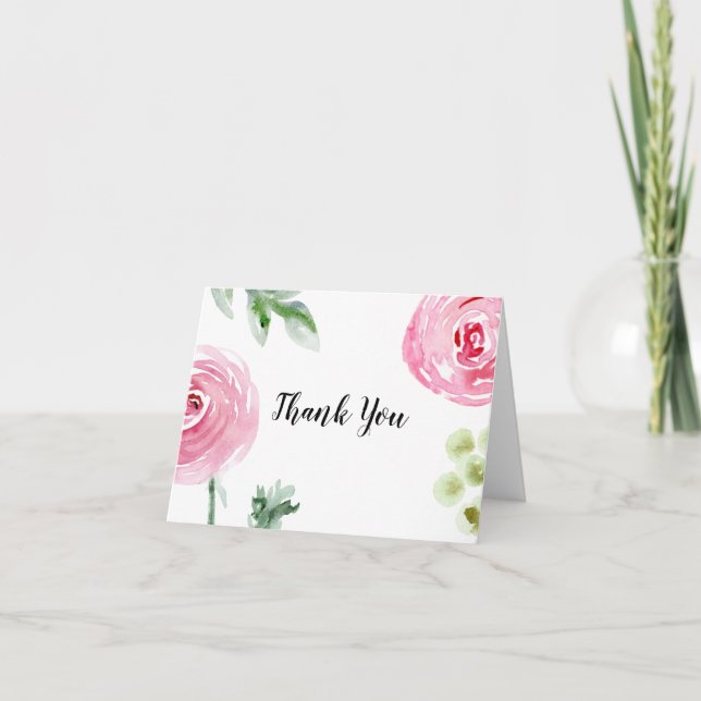 Pink Watercolor Blume Danke Karte (Vorderseite)