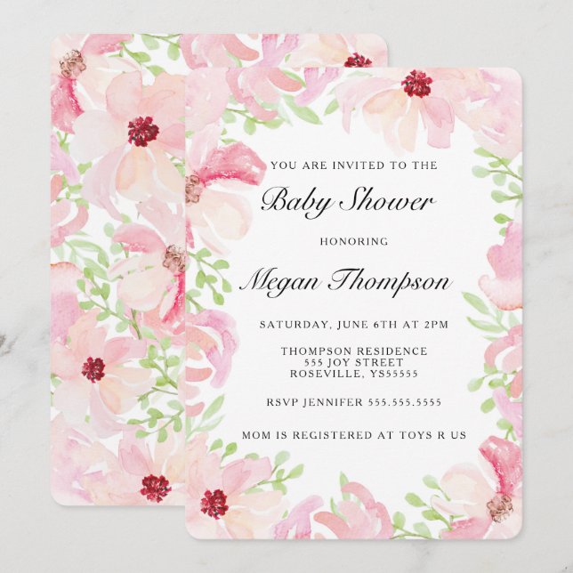 Pink Watercolor Blume Kinderdusche Einladung (Vorne/Hinten)