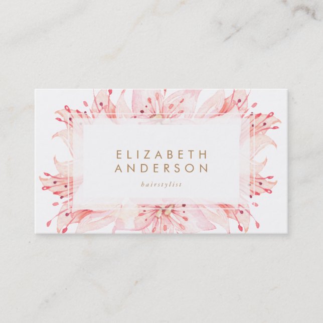 Pink Watercolor Blume Lilies Business Card Visitenkarte (Vorderseite)