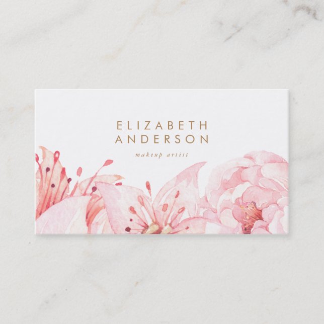 Pink Watercolor Blume Lilies Business Card Visitenkarte (Vorderseite)
