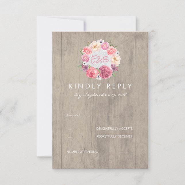 Pink Watercolor Blume Rustic Wood Wedding RSVP (Vorderseite)