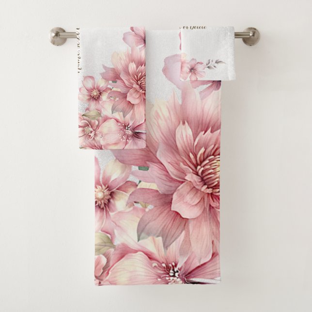 Pink Watercolor Blume Shiny Glitzer Moderne Badhandtuch Set (Insitu)