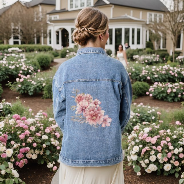 Pink Watercolor Blume Shiny Glitzer Moderne Jeansjacke (Hochzeit Rückseite)