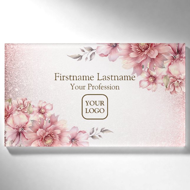 Pink Watercolor Blume Shiny Glitzer Moderne Namenschild (Vorderseite)