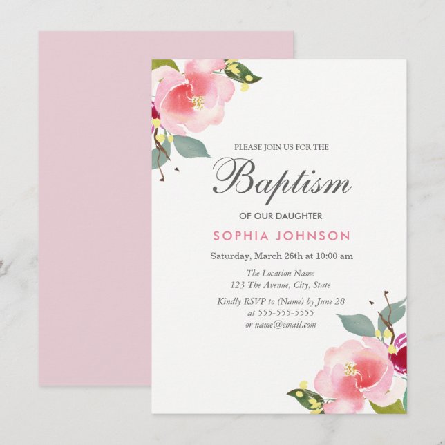 Pink Watercolor Blume Taufe Christening Einladung (Vorne/Hinten)
