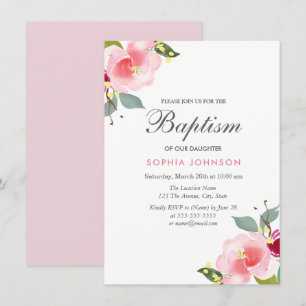 Pink Watercolor Blume Taufe Christening Einladung