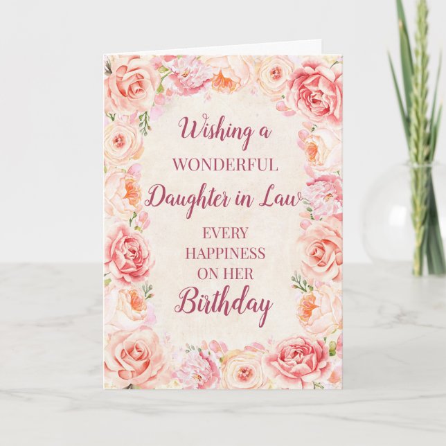Pink Watercolor Blume Tochter von Law Birthday Karte (Vorderseite)