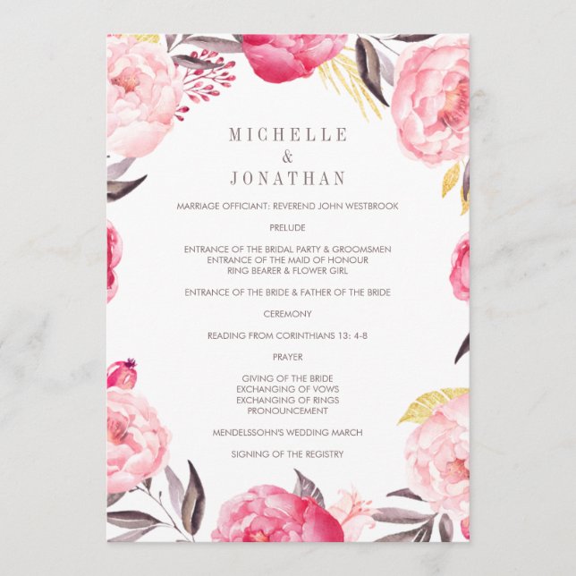 Pink Watercolor Blume Wreath Wedding Program Programm (Vorderseite)