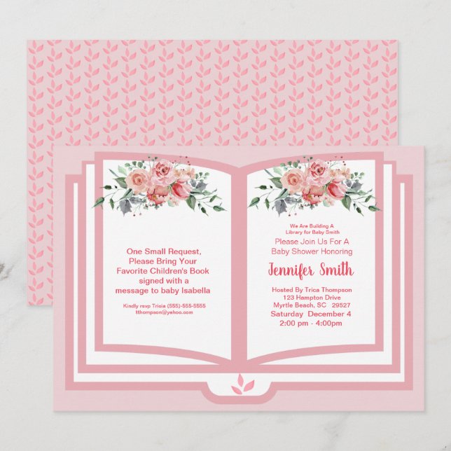 Pink Watercolor Blumenbuch Thema Kinderdusche Einladung (Vorne/Hinten)