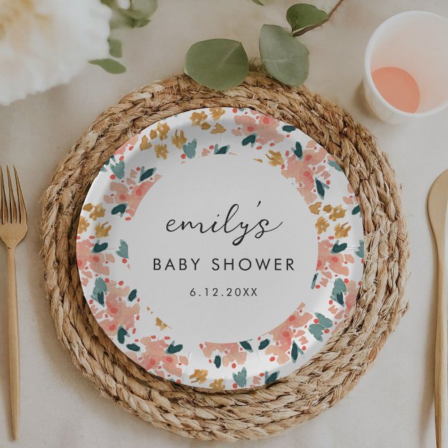 Pink Watercolor Blumengarten Kinderdusche Pappteller (Pink watercolor floral garden baby or bridal shower personalized paper plates.)