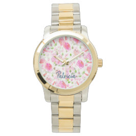 Pink Watercolor Blumengarten Muster Armbanduhr