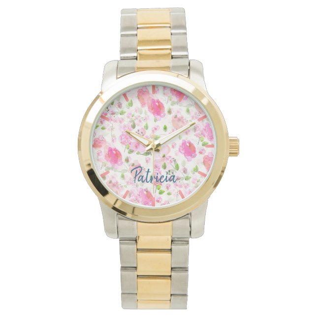 Pink Watercolor Blumengarten Muster Armbanduhr (Vorderseite)