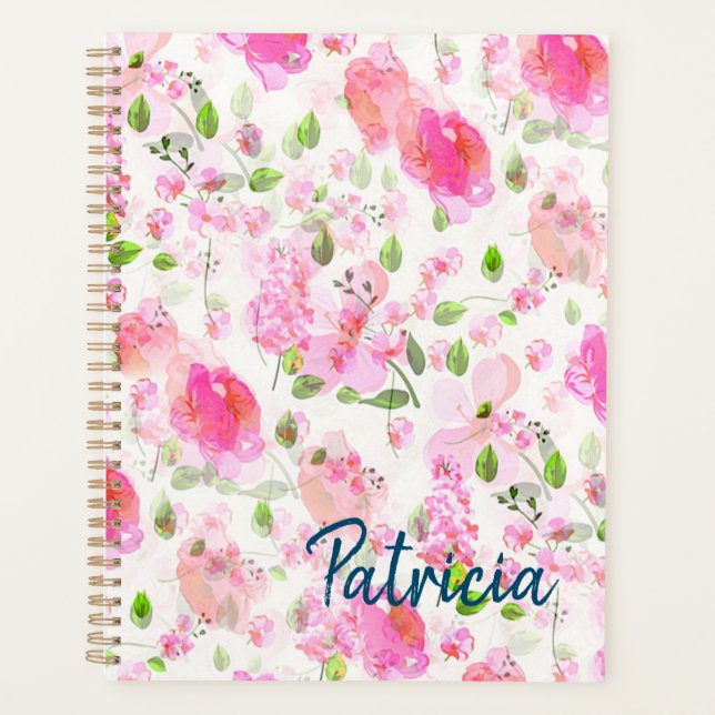 Pink Watercolor Blumengarten Muster Planer (Vorderseite)