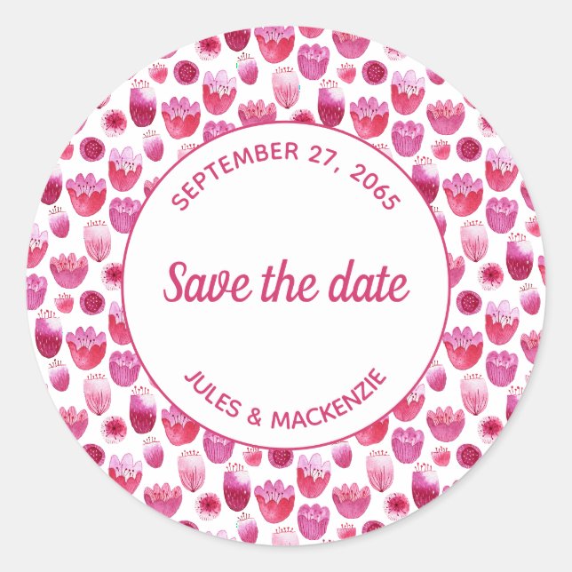 Pink Watercolor Blumenmuster Save the Date Runder Aufkleber (Vorderseite)