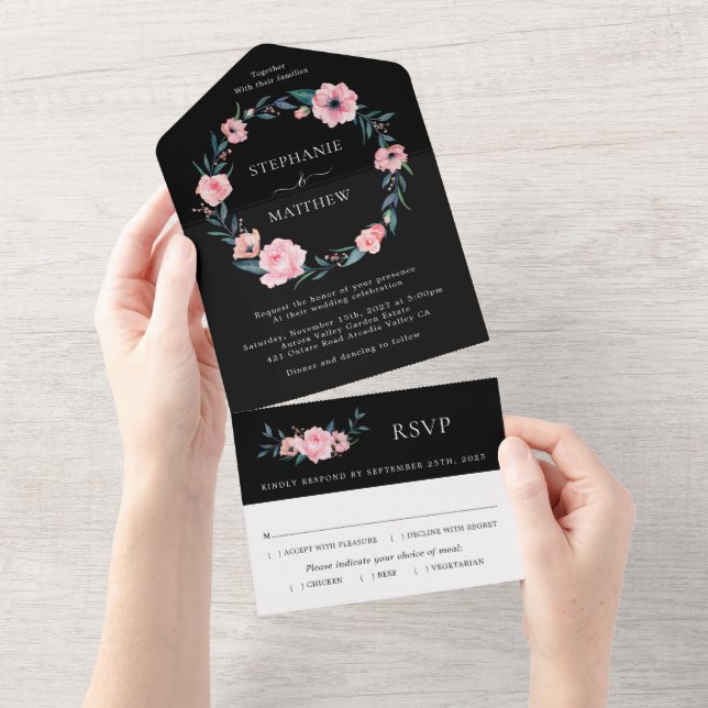 Pink Watercolor Blumenreath Wedding Black All In One Einladung (Abreißen)