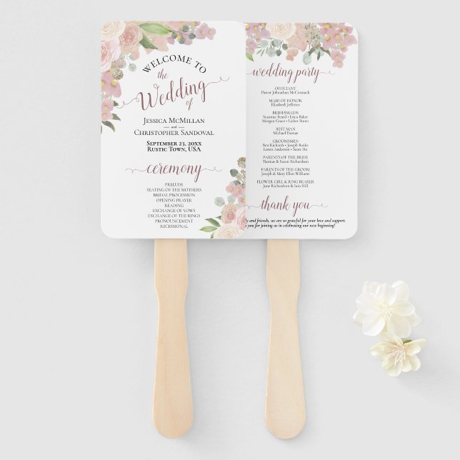 Pink Watercolor Boho Chic Floral Wedding Program Fächer (Vorne und Hinten)